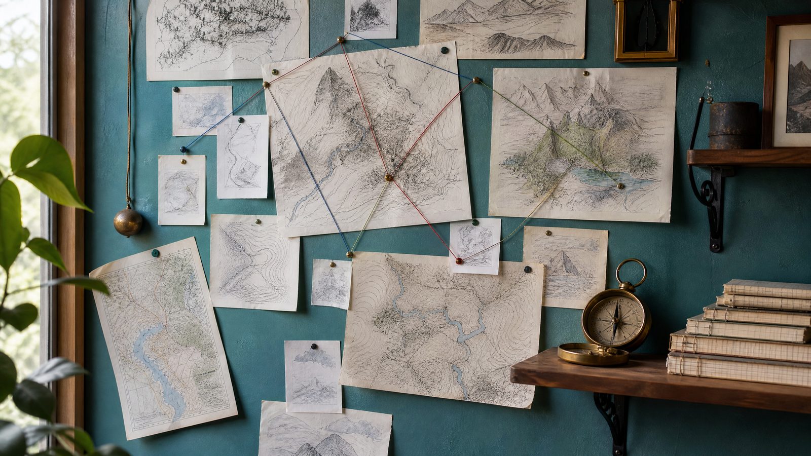 A study wall covered with pinned hand-drawn route sketches and contour tracings of imaginary landscapes, connected by coloured thread