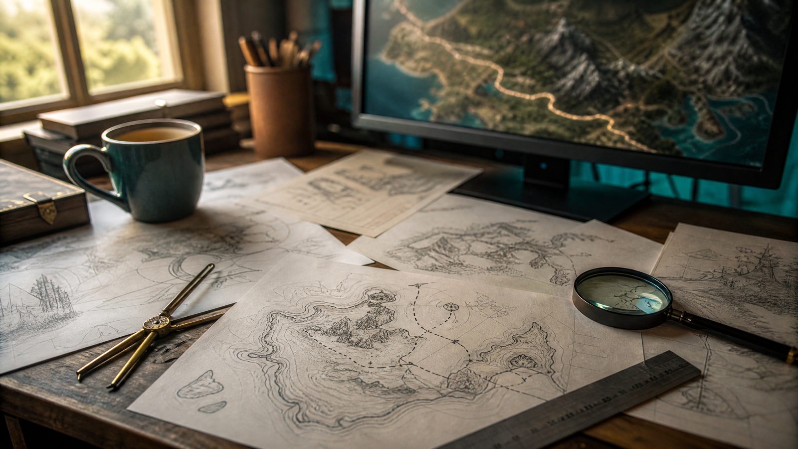 A desk covered with hand-drawn maps of imaginary game worlds, a brass compass, a ruler and a magnifying glass