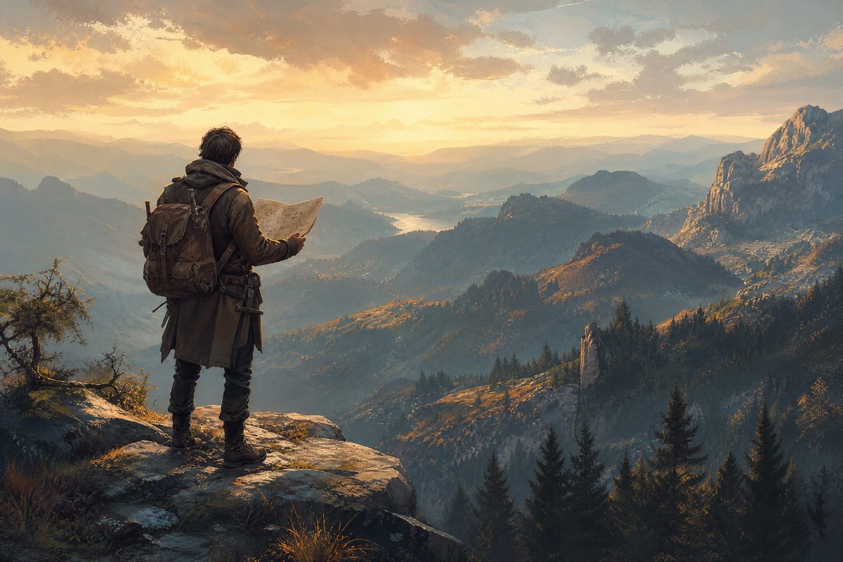 A traveller on a high ledge holding an open paper map above a valley of forested ridges