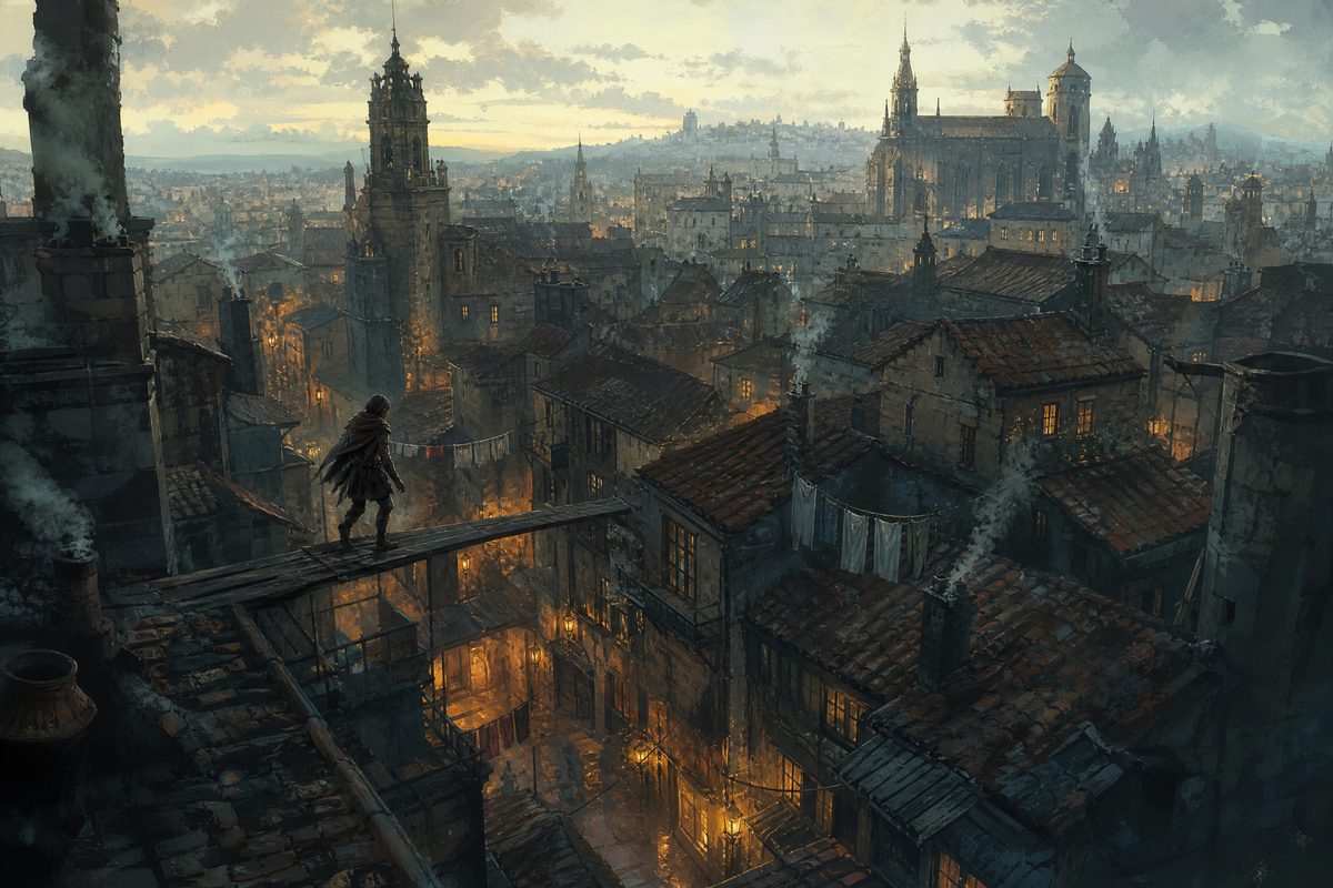 A dense medieval city of tiled roofs seen from above, a figure crossing a rooftop plank