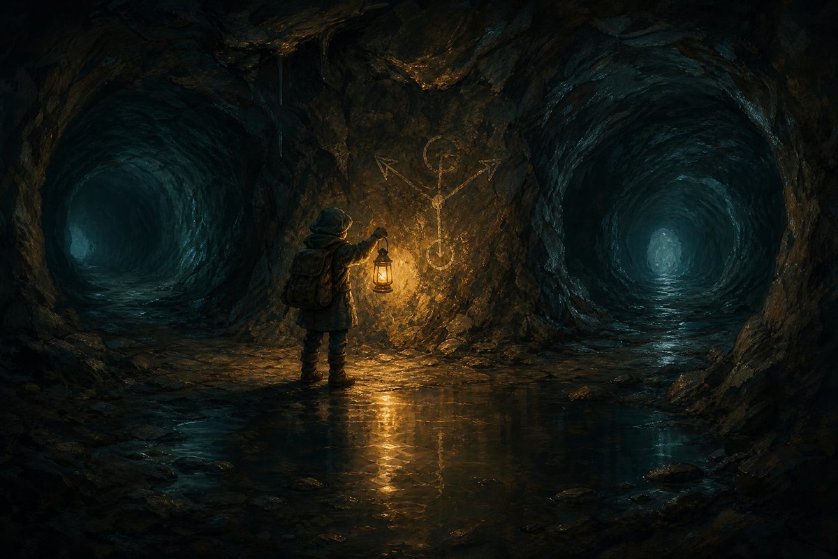 An explorer with a lantern at a junction of three cave tunnels with chalk marks on the wall