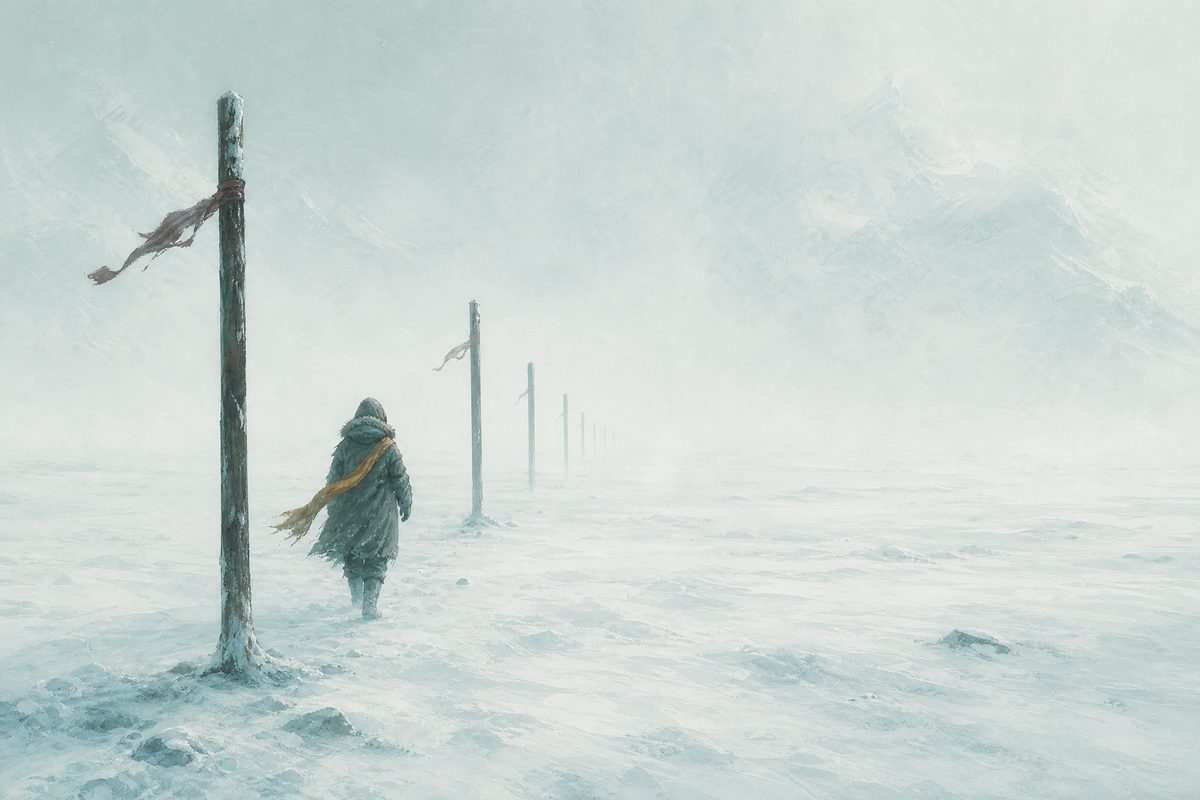 A figure walking beside a line of wooden marker poles across snowy tundra in white fog