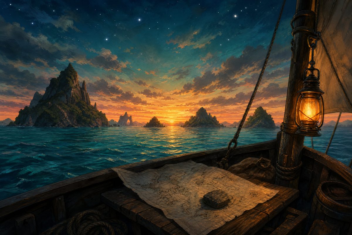 An archipelago at dusk seen from a small sailing boat with a chart weighted down by a stone